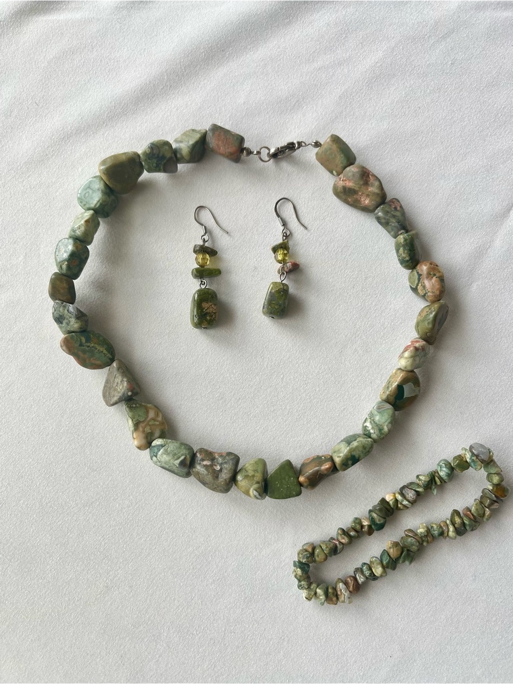 Rainforest Rhyolite Stone Necklace Set with Bracelet & Drop Earrings